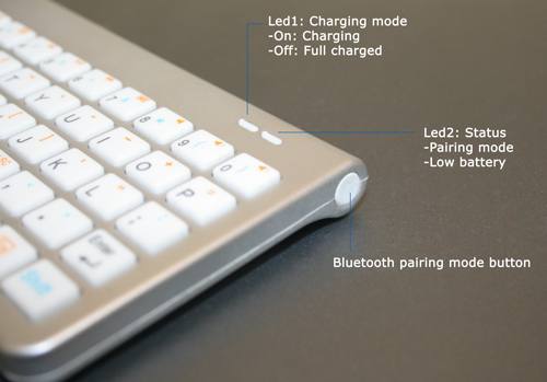 Mini bluetooth keyboard with status led